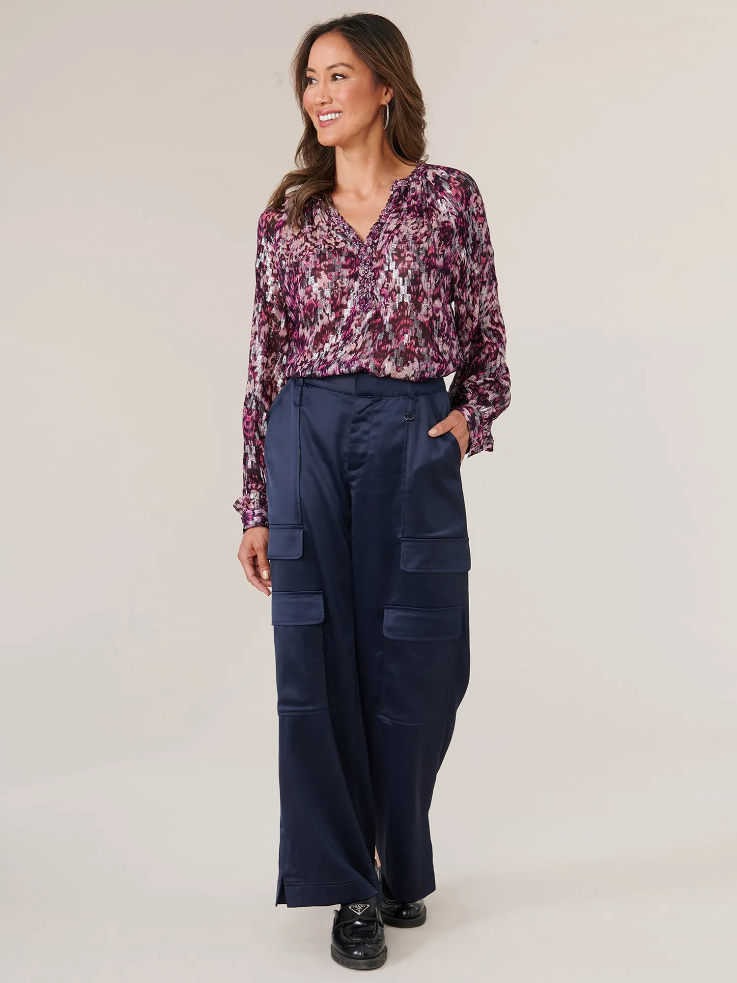 Long Ruffle Edge Sleeve Braided V-Notch Neck Jacquard Print Woven Top