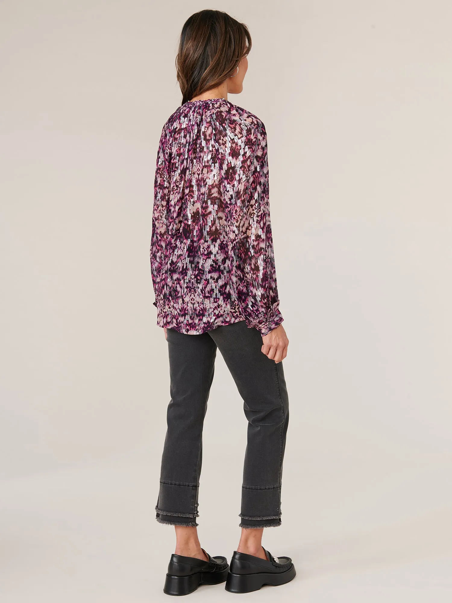Long Ruffle Edge Sleeve Braided V-Notch Neck Jacquard Print Woven Top