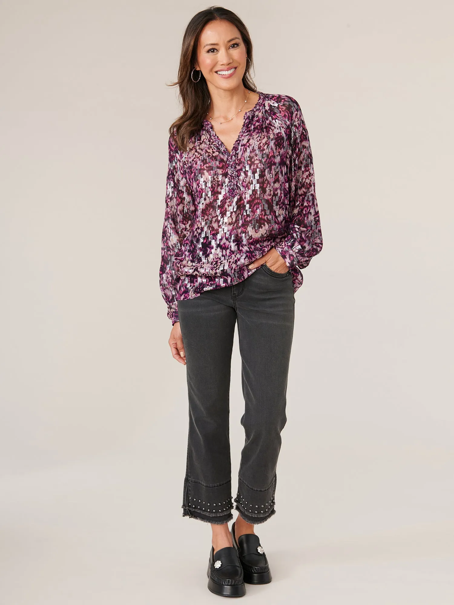 Long Ruffle Edge Sleeve Braided V-Notch Neck Jacquard Print Woven Top