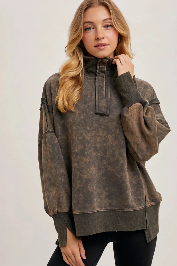 Long Sleeve Washed Side Slit Henley Sweatshirt ASH