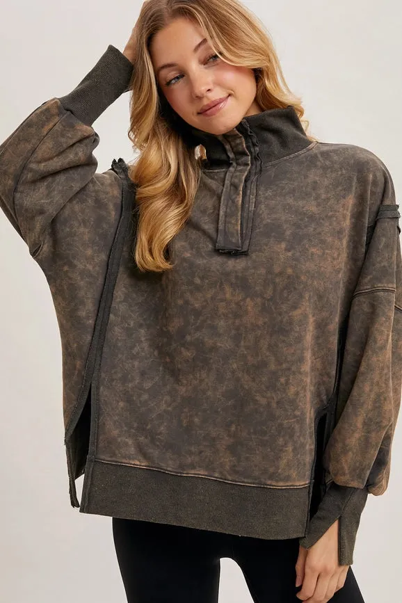 Long Sleeve Washed Side Slit Henley Sweatshirt ASH