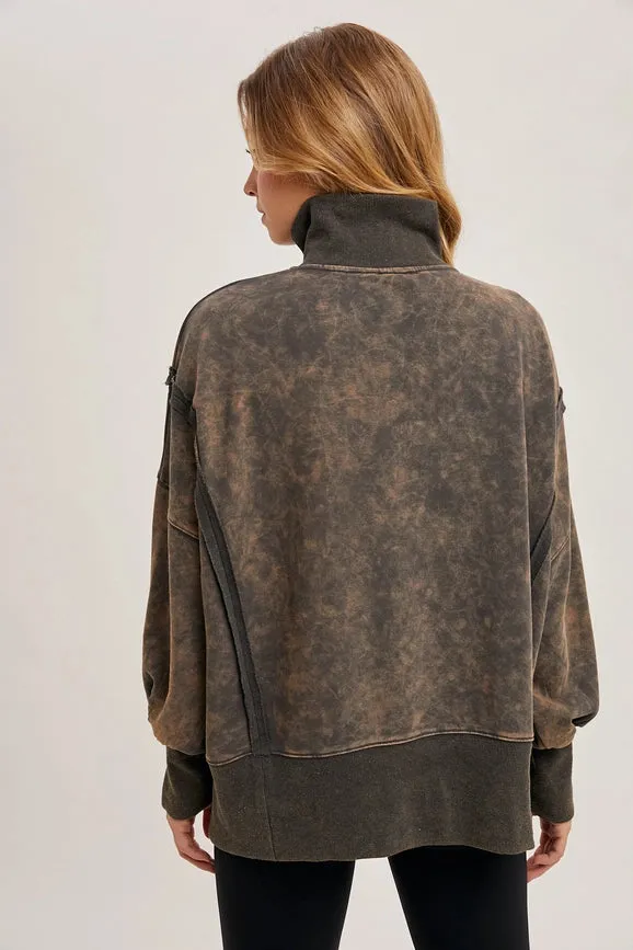 Long Sleeve Washed Side Slit Henley Sweatshirt ASH