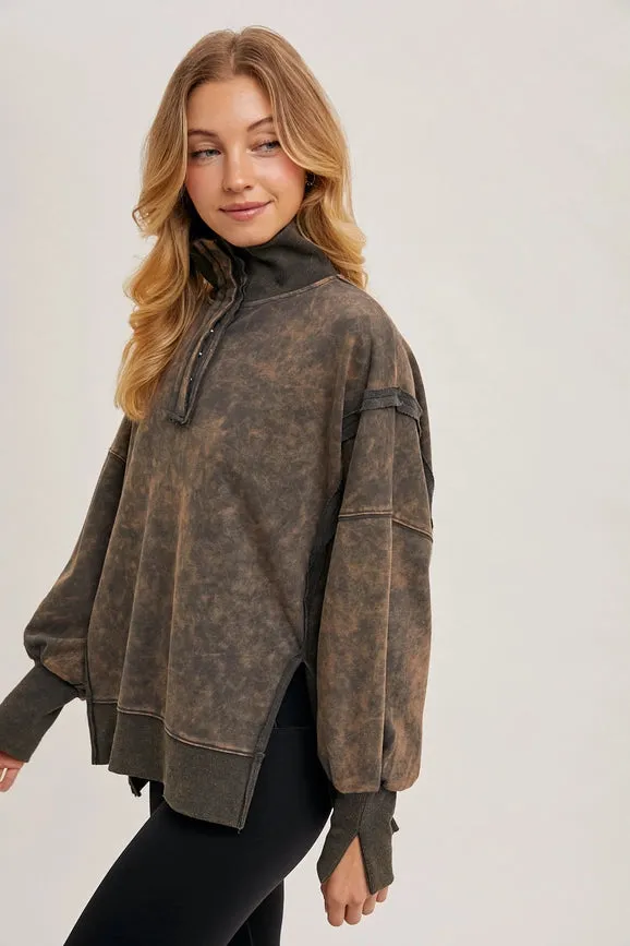 Long Sleeve Washed Side Slit Henley Sweatshirt ASH