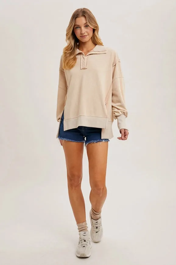 Long Sleeve Washed Side Slit Henley Sweatshirt ECRU