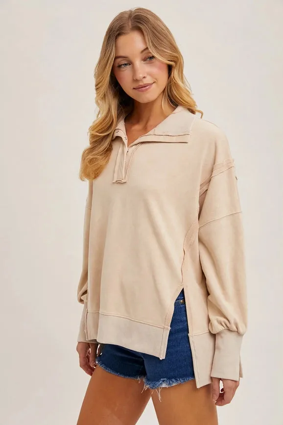 Long Sleeve Washed Side Slit Henley Sweatshirt ECRU