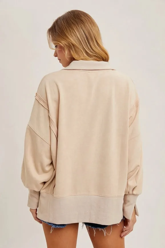 Long Sleeve Washed Side Slit Henley Sweatshirt ECRU