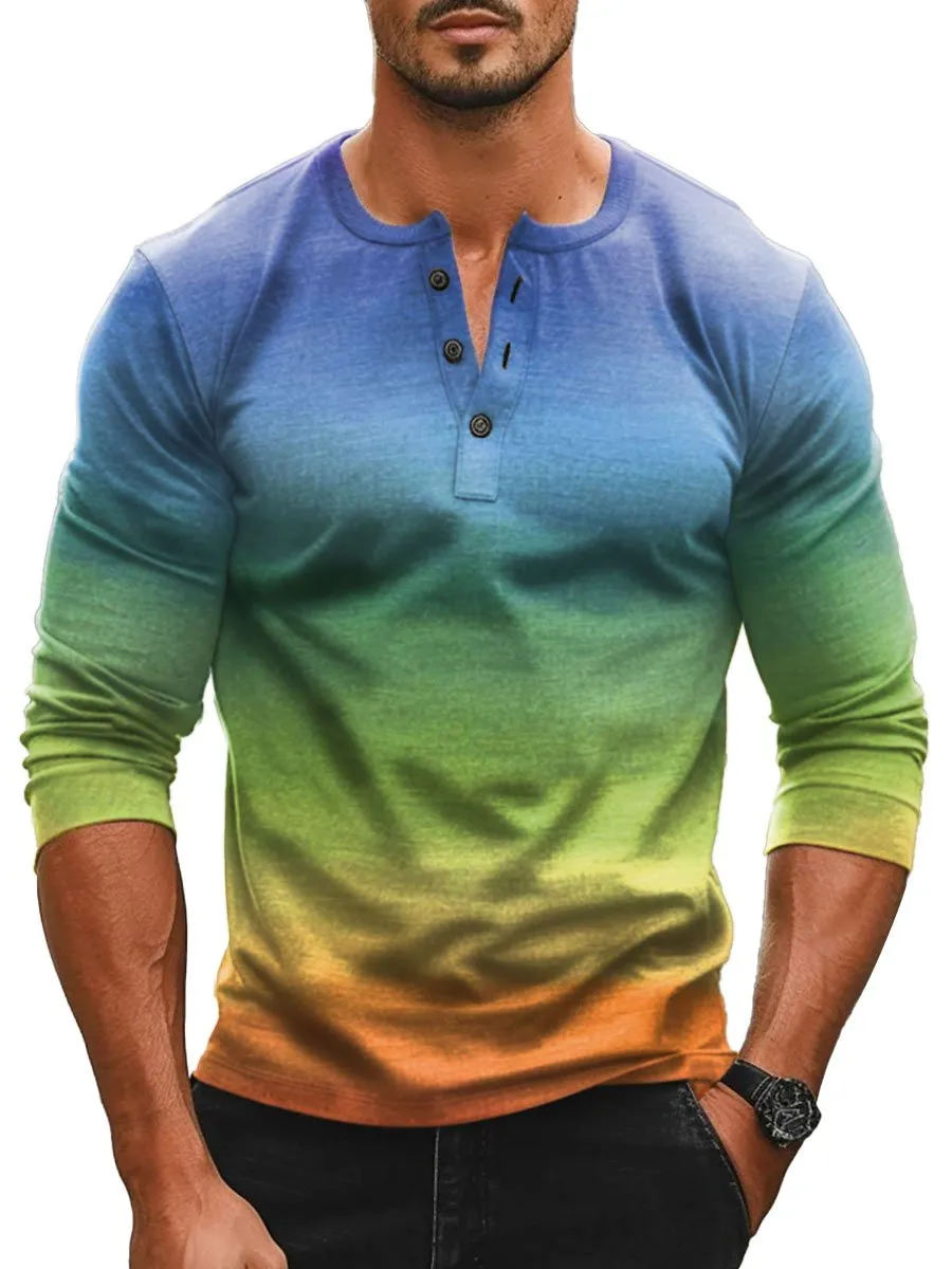 Men's Colorful Gradient Print Casual Henley Neck Long Sleeve T-Shirt