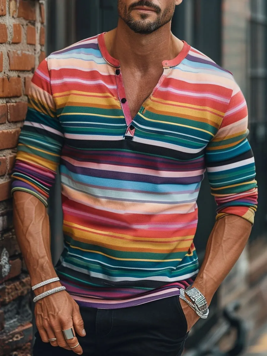 Men's Colorful Stripe Print Henley Neck Long Sleeve T-Shirt