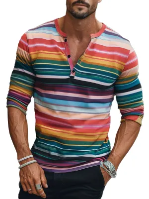 Men's Colorful Stripe Print Henley Neck Long Sleeve T-Shirt