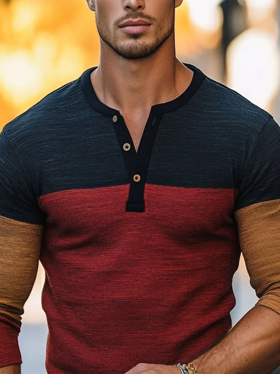 Men's Contrast Print Henley Collar Casual Long Sleeve T-Shirt