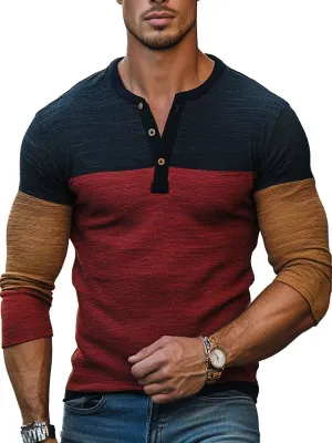 Men's Contrast Print Henley Collar Casual Long Sleeve T-Shirt