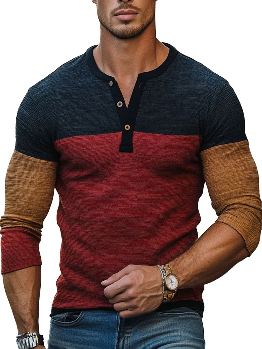 Men's Contrast Print Henley Collar Casual Long Sleeve T-Shirt