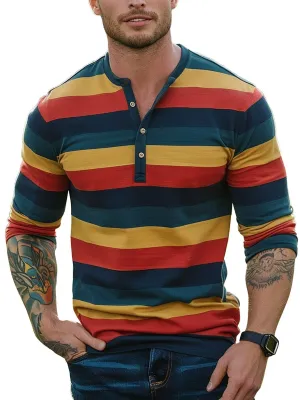 Men's Contrast Stripe Henley Neck Long Sleeve T-Shirt