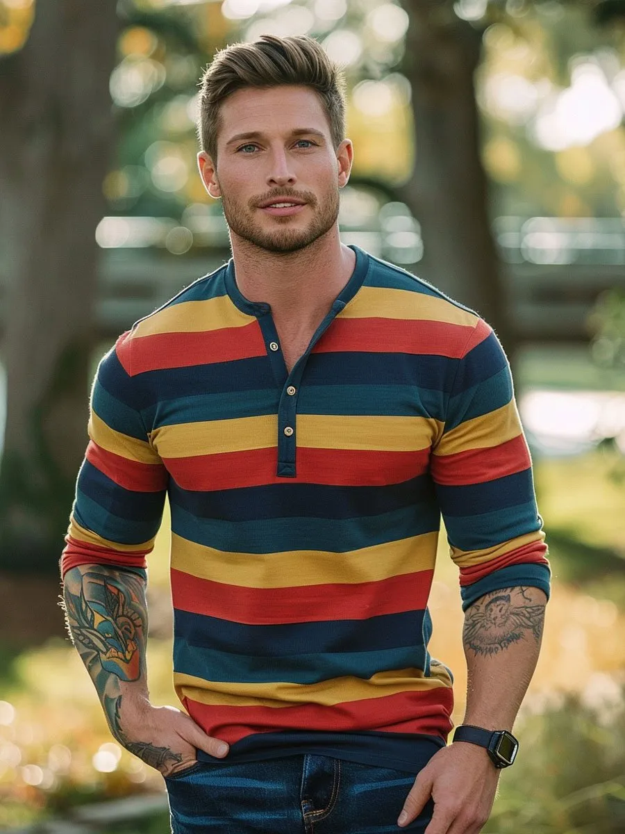 Men's Contrast Stripe Henley Neck Long Sleeve T-Shirt