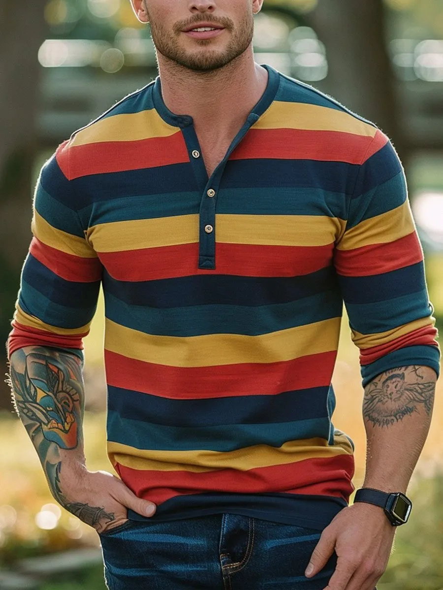 Men's Contrast Stripe Henley Neck Long Sleeve T-Shirt
