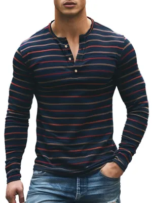 Men's Contrast Stripe Print Casual Henley Neck Long Sleeve T-Shirt