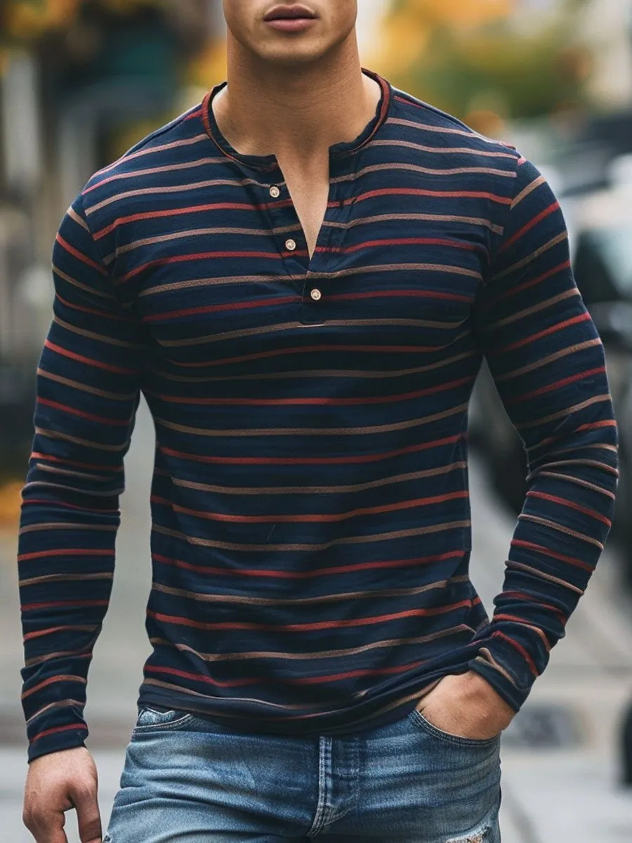 Men's Contrast Stripe Print Casual Henley Neck Long Sleeve T-Shirt