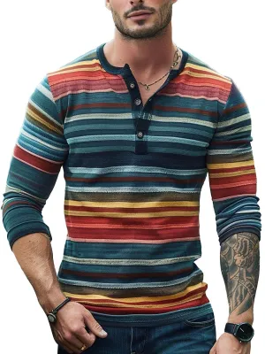 Men's Contrast Vintage Stripe Henley Neck Long Sleeve T-Shirt