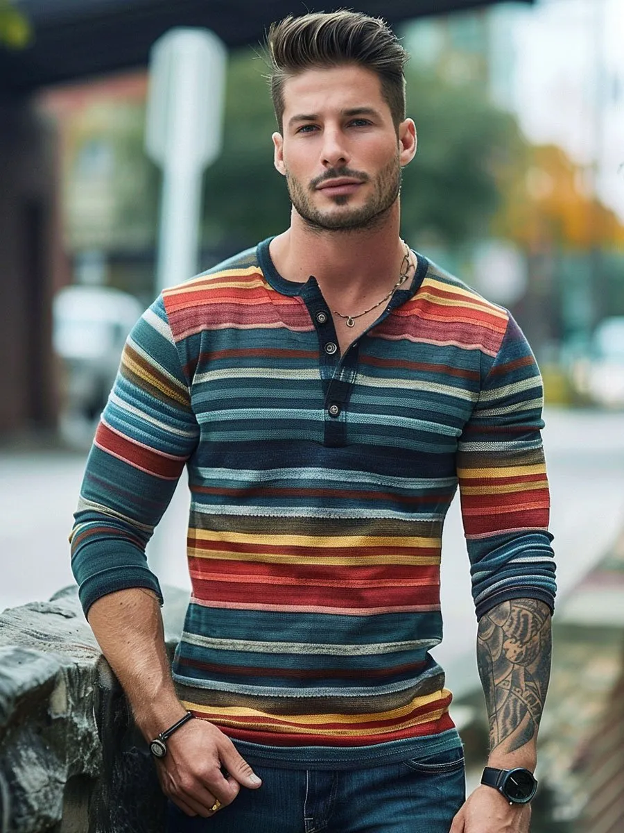 Men's Contrast Vintage Stripe Henley Neck Long Sleeve T-Shirt
