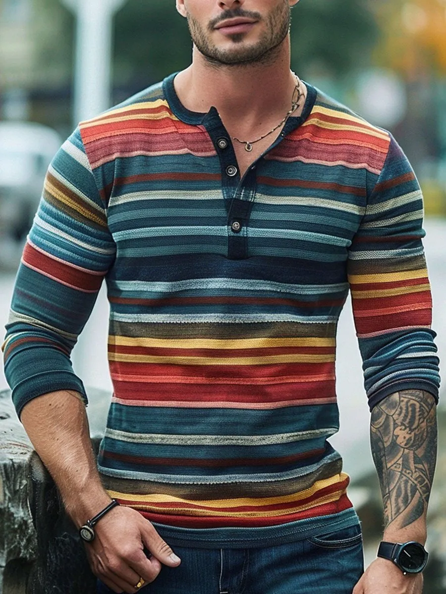 Men's Contrast Vintage Stripe Henley Neck Long Sleeve T-Shirt