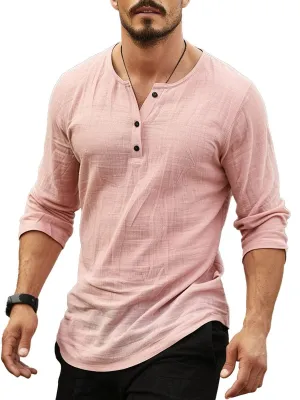 Men's Pink Casual Henley Neck Long Sleeve T-Shirt