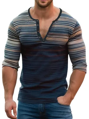 Men's Retro Gradient Stripe Print Casual Henley Neck Long Sleeve T-Shirt