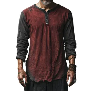 Men's Vintage Casual Distressed Henley Collar Long Sleeve Shirt 29271388TO
