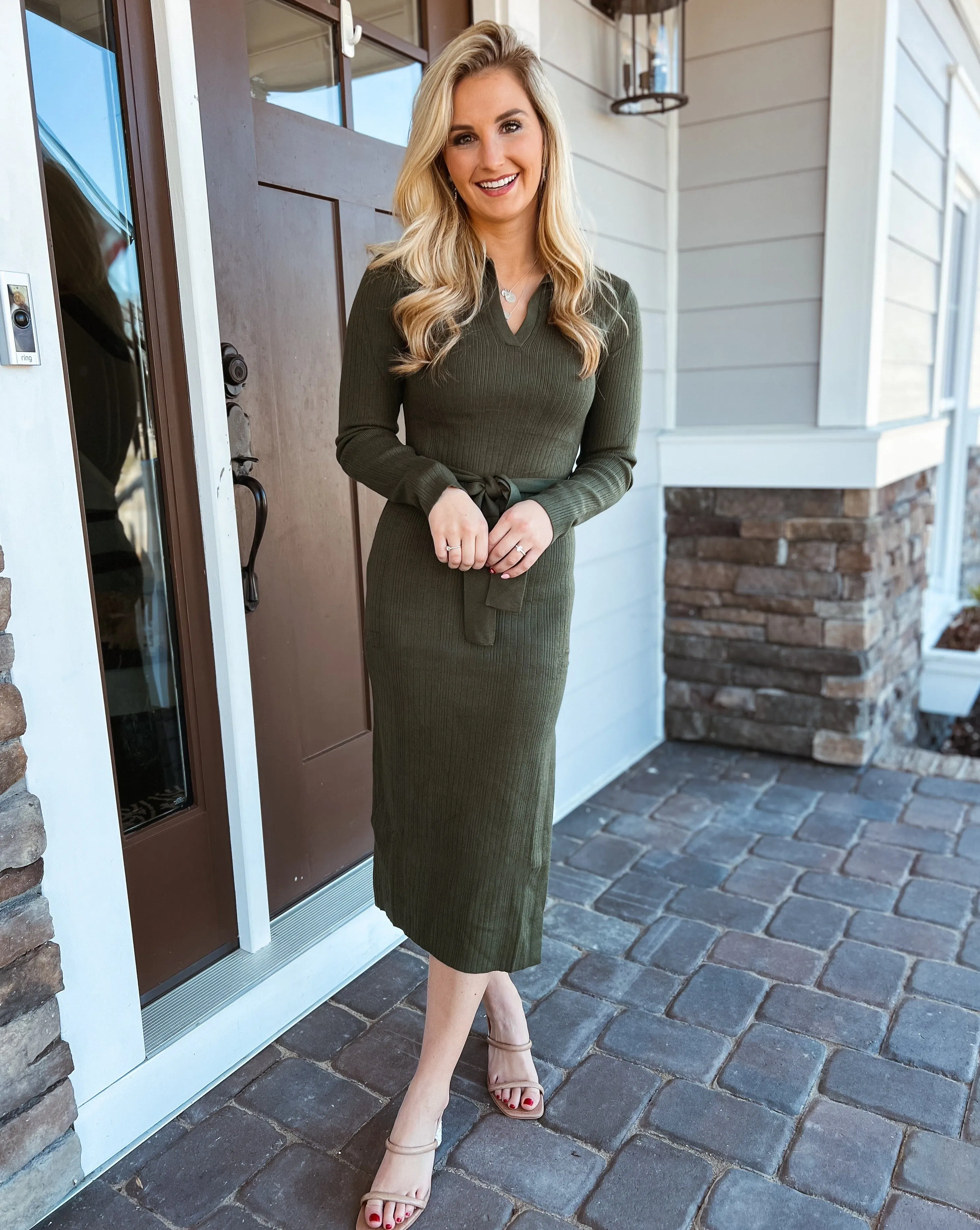 MEROKEETY Long Sleeve Polo V Neck Slit Bodycon Midi Sweater Dress