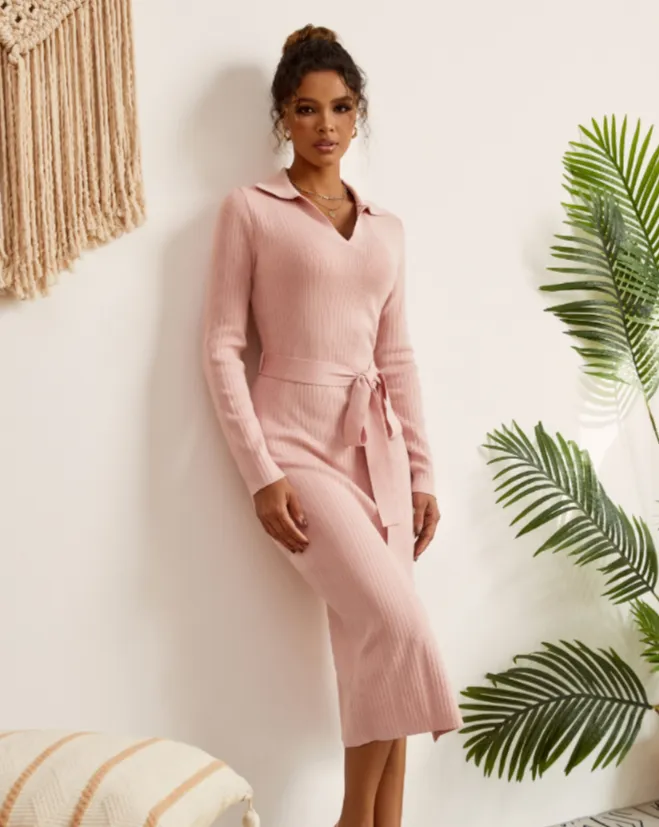 MEROKEETY Long Sleeve Polo V Neck Slit Bodycon Midi Sweater Dress