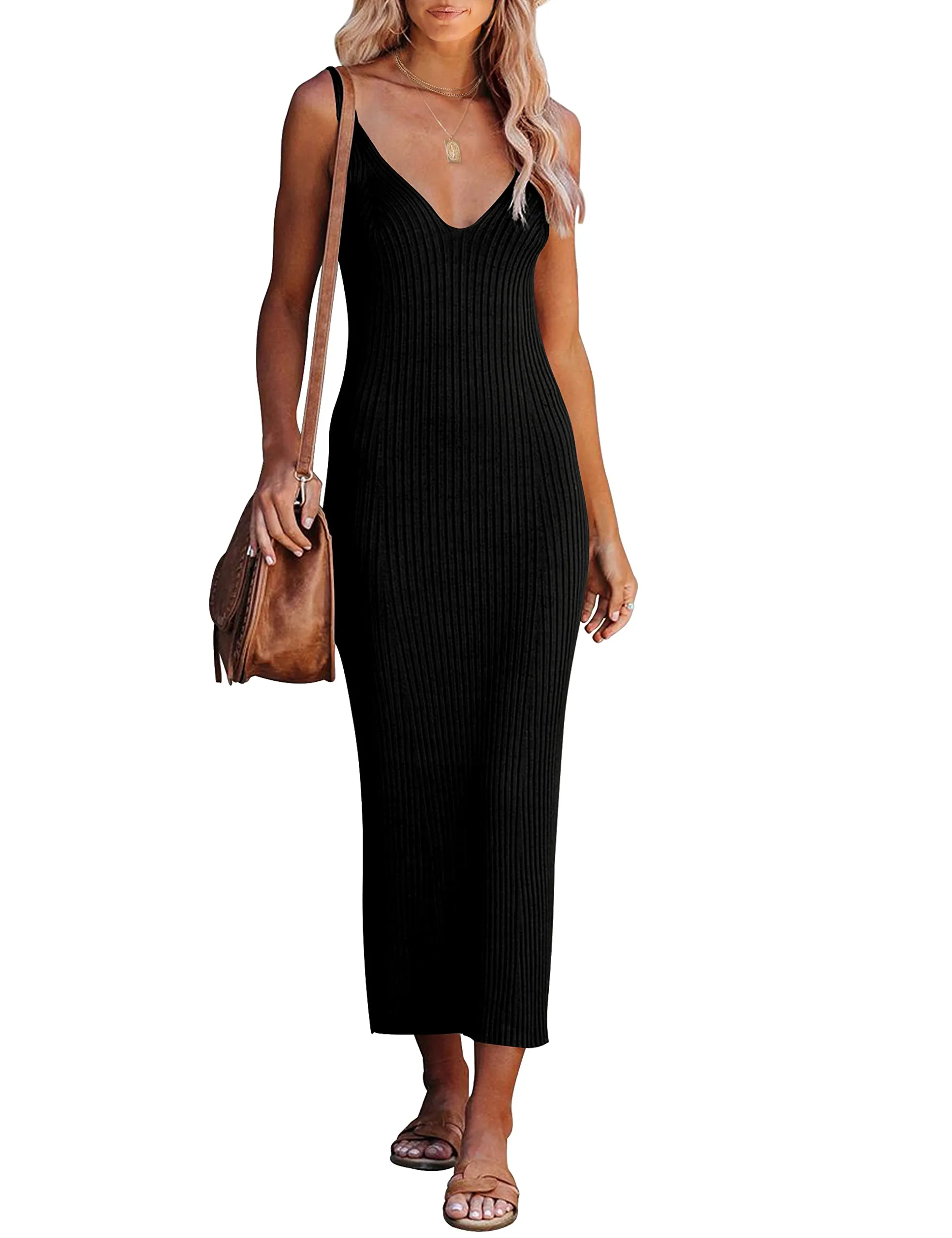 MEROKEETY Sleeveless V Neck Ribbed Knit Maxi Dress