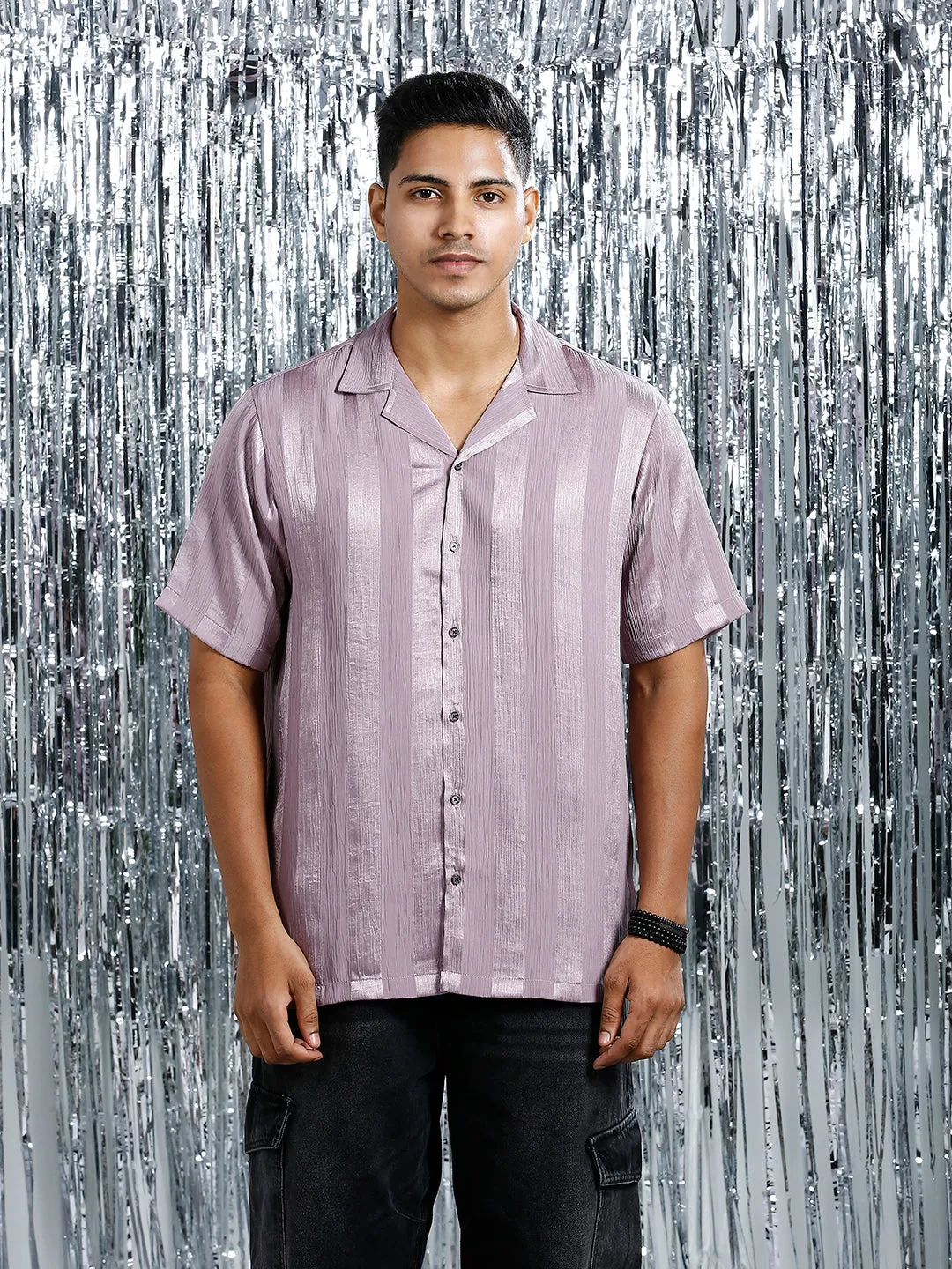 METALLIC MAUVE RELAXED STRIPED CUBAN COLLAR SHIRT