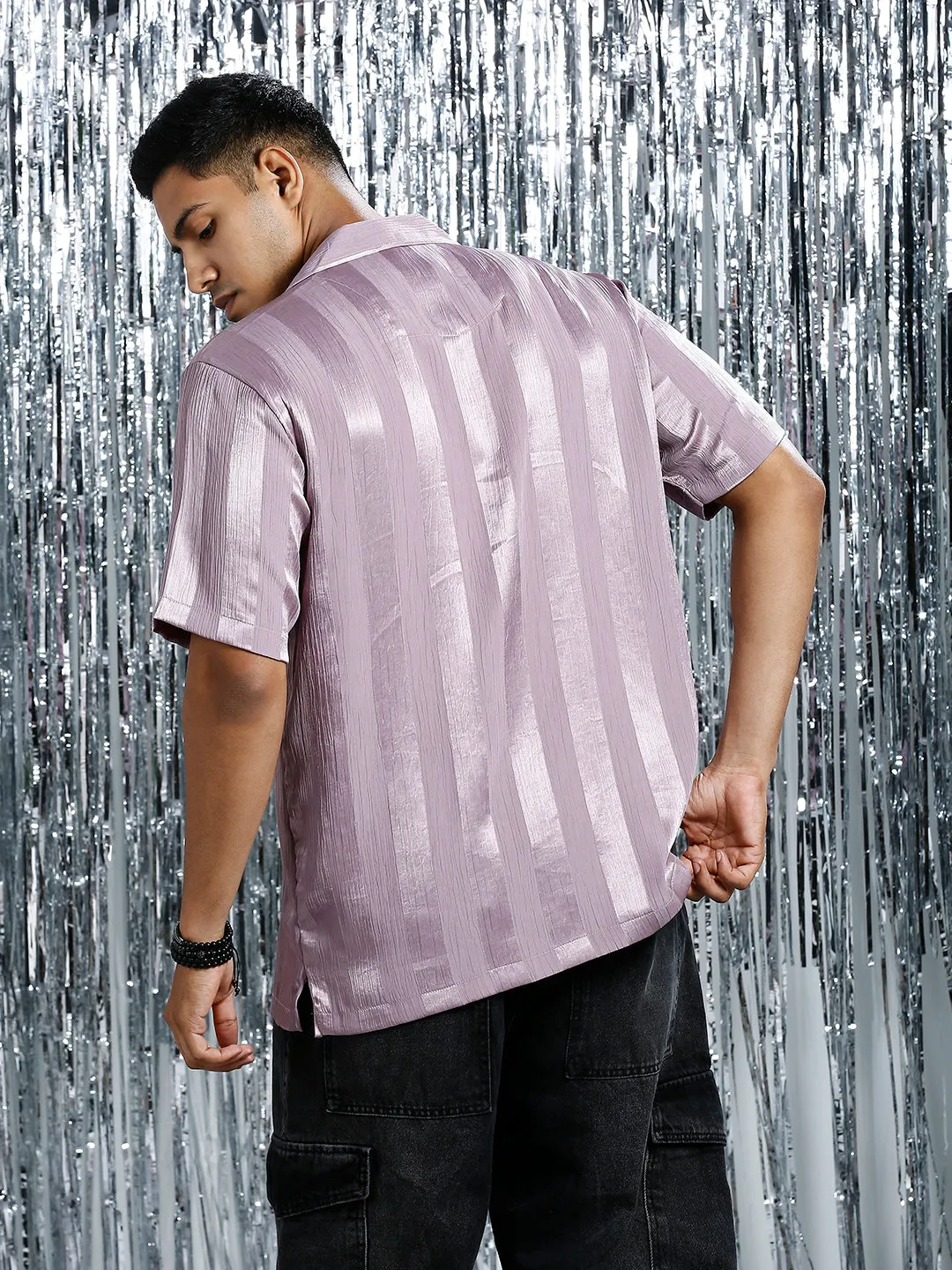 METALLIC MAUVE RELAXED STRIPED CUBAN COLLAR SHIRT