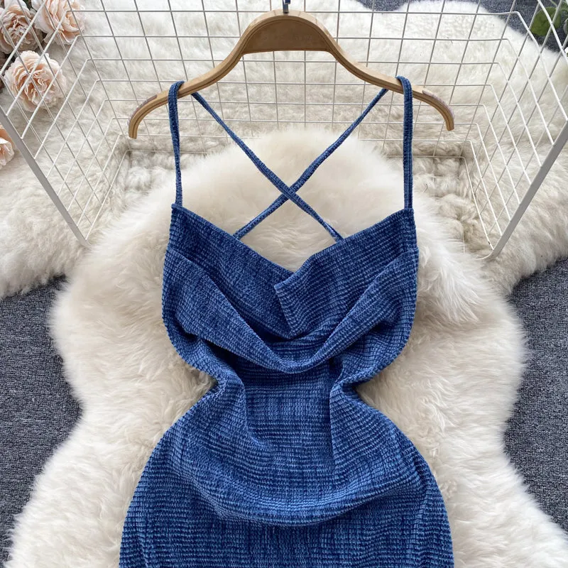 Navy Blue X-line Knitted Slip Dress