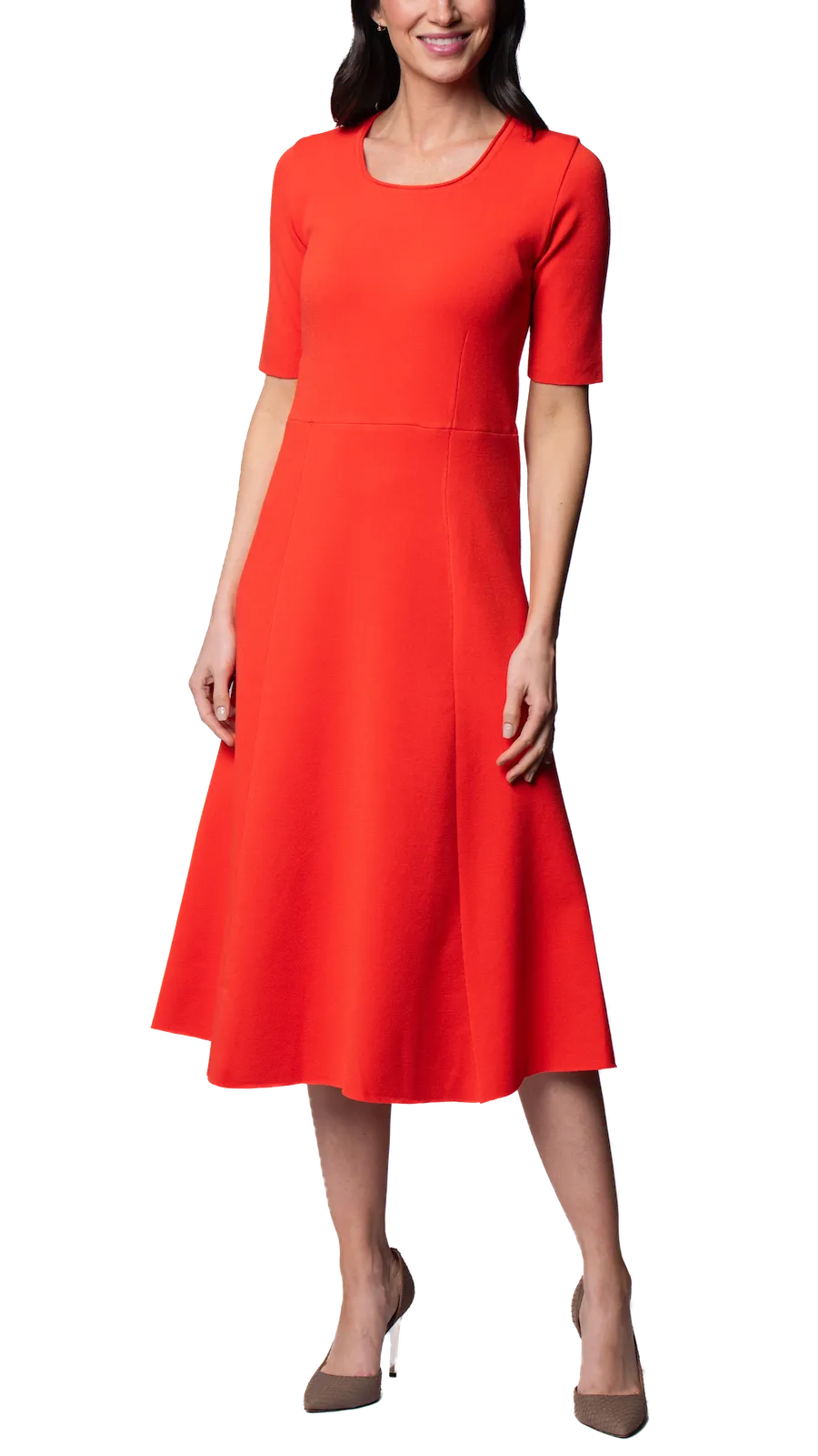 Nora Milano Knit Short Sleeved Fit-And-Flare Midi Dress; Bright Orange