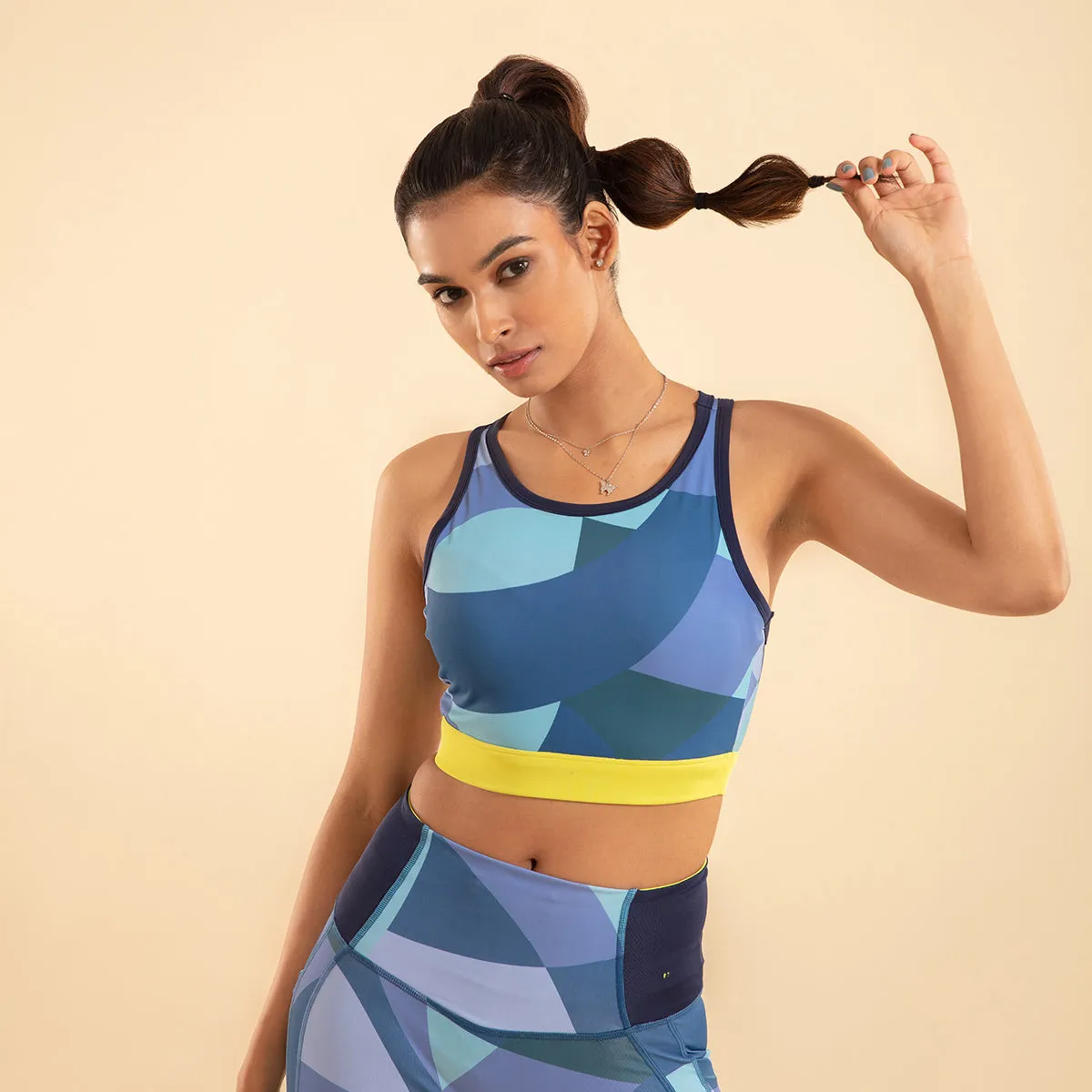 Nykd All Day Low impact Crop top Bra-NYK112-Abstract print   Peacoat Navy   Lime