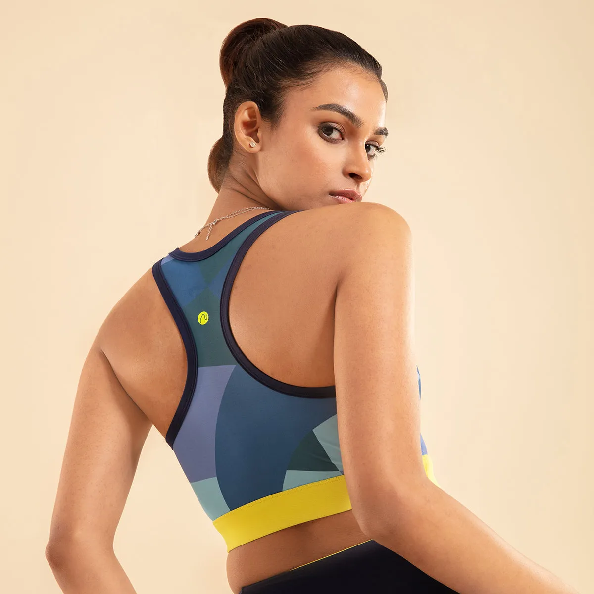 Nykd All Day Low impact Crop top Bra-NYK112-Abstract print   Peacoat Navy   Lime