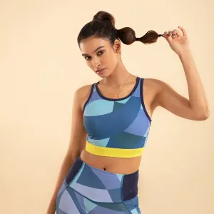Nykd All Day Low impact Crop top Bra-NYK112-Abstract print   Peacoat Navy   Lime