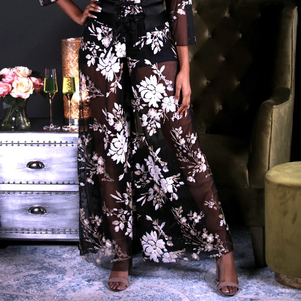 Palazzo pants, high waist embroidered sequins on dark mesh