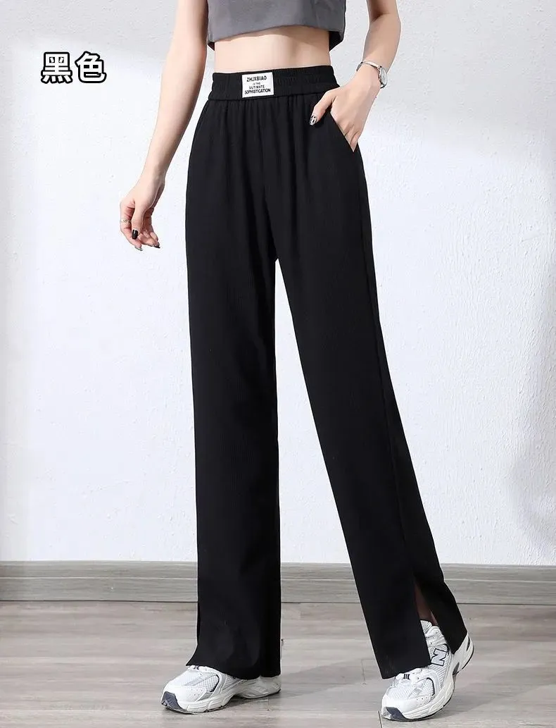 Pants Women Ice Silk Wide Leg High Waist Drape Loose Slim Look Summer Thin Black Splitted Casual Straight Floor Length Pants