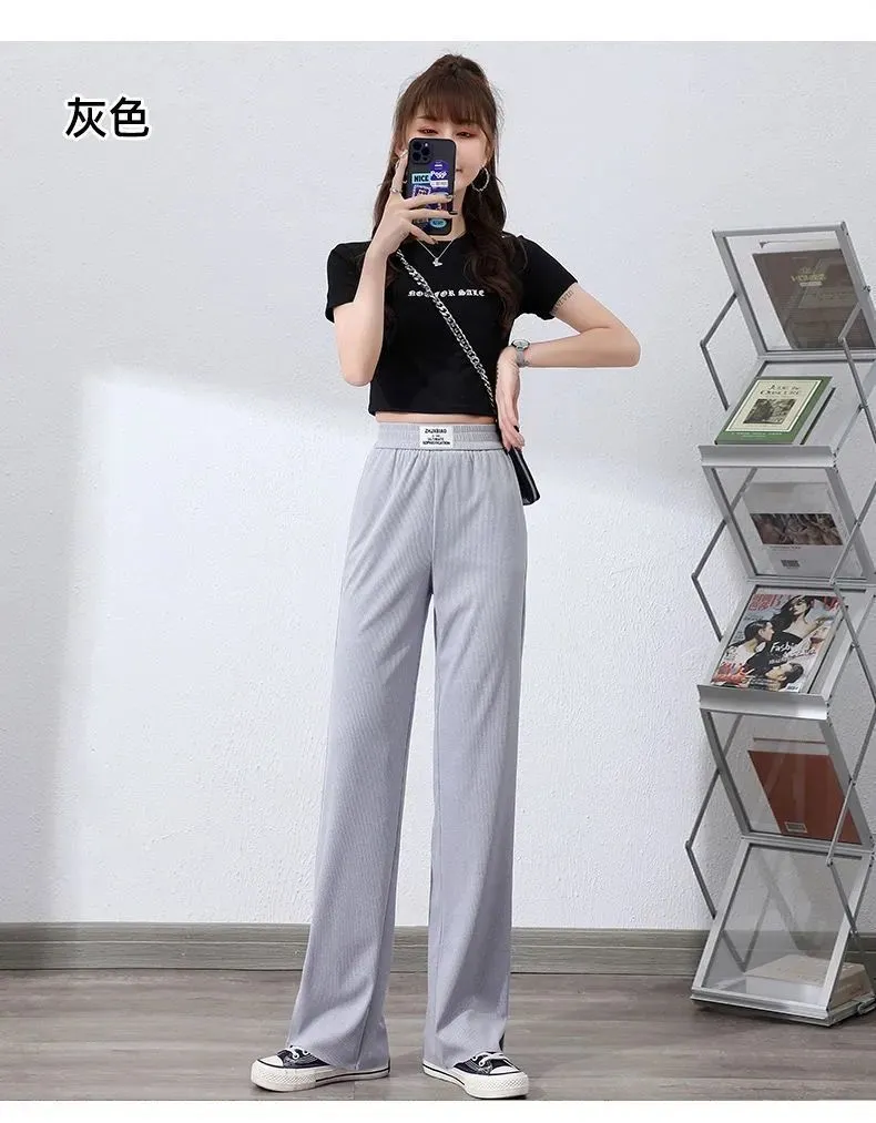 Pants Women Ice Silk Wide Leg High Waist Drape Loose Slim Look Summer Thin Black Splitted Casual Straight Floor Length Pants