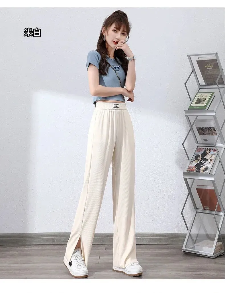 Pants Women Ice Silk Wide Leg High Waist Drape Loose Slim Look Summer Thin Black Splitted Casual Straight Floor Length Pants
