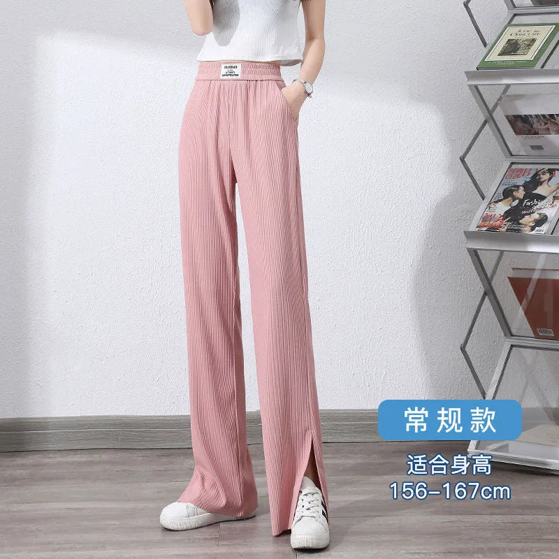 Pants Women Ice Silk Wide Leg High Waist Drape Loose Slim Look Summer Thin Black Splitted Casual Straight Floor Length Pants