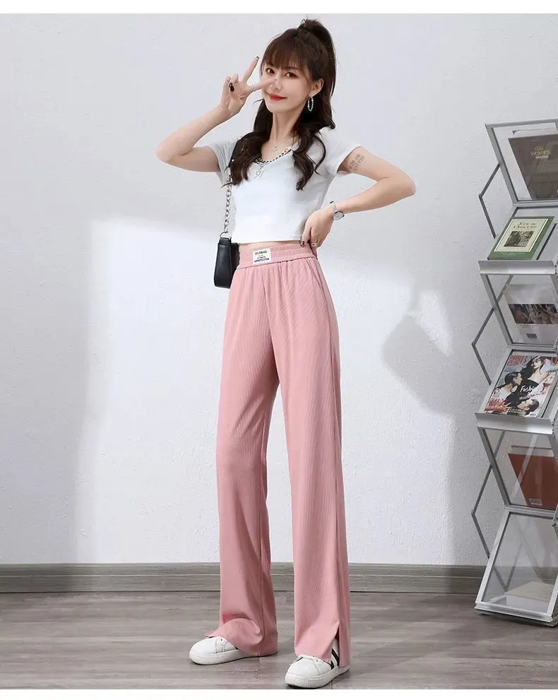 Pants Women Ice Silk Wide Leg High Waist Drape Loose Slim Look Summer Thin Black Splitted Casual Straight Floor Length Pants