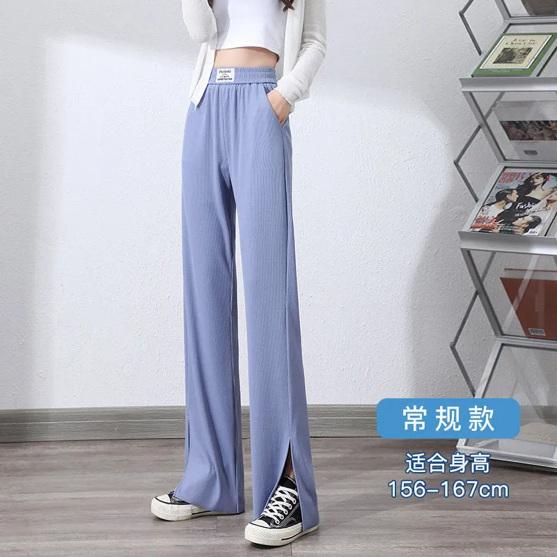 Pants Women Ice Silk Wide Leg High Waist Drape Loose Slim Look Summer Thin Black Splitted Casual Straight Floor Length Pants