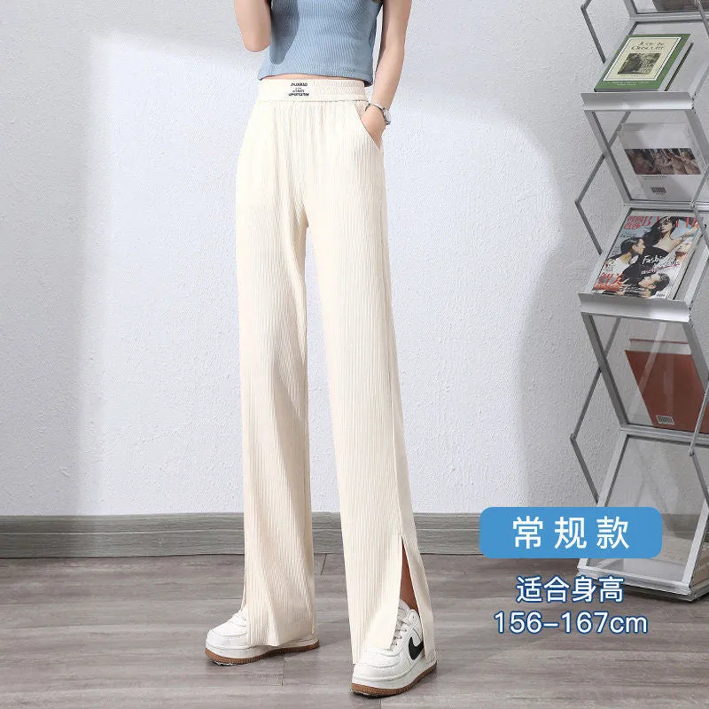 Pants Women Ice Silk Wide Leg High Waist Drape Loose Slim Look Summer Thin Black Splitted Casual Straight Floor Length Pants