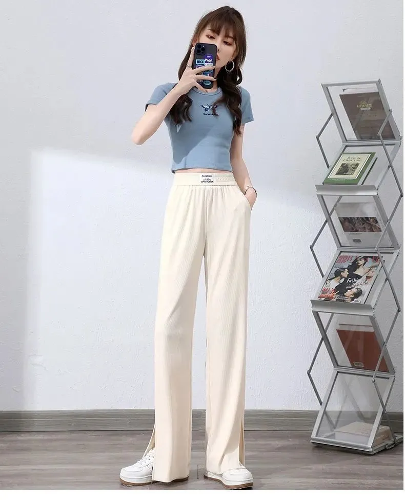 Pants Women Ice Silk Wide Leg High Waist Drape Loose Slim Look Summer Thin Black Splitted Casual Straight Floor Length Pants