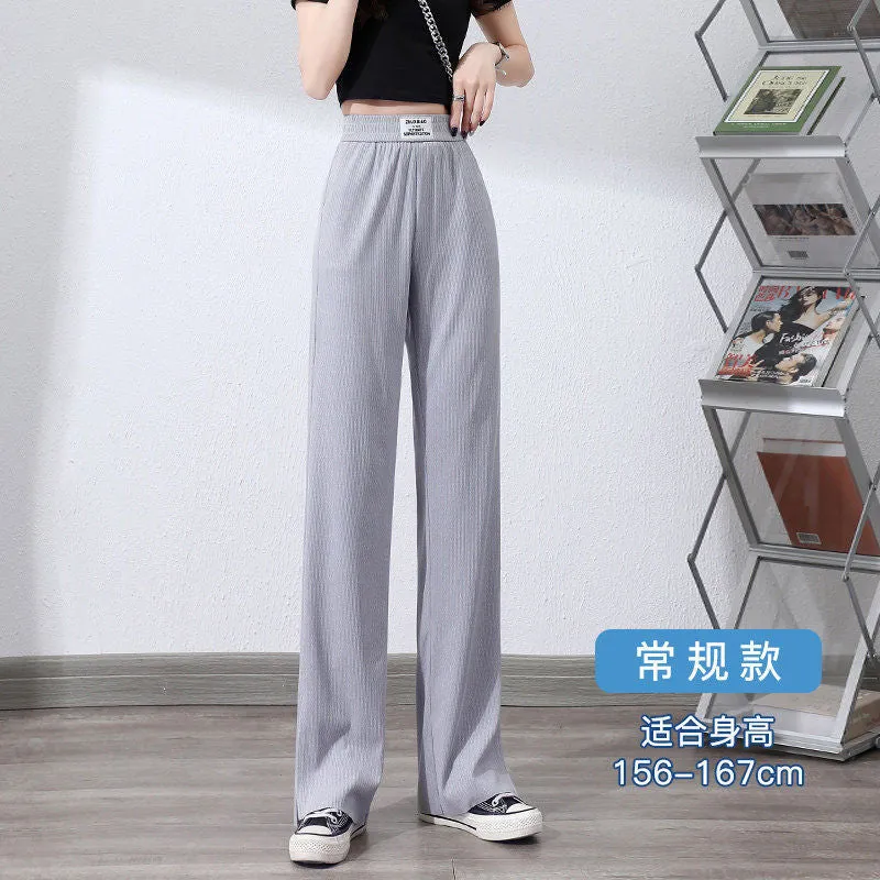 Pants Women Ice Silk Wide Leg High Waist Drape Loose Slim Look Summer Thin Black Splitted Casual Straight Floor Length Pants