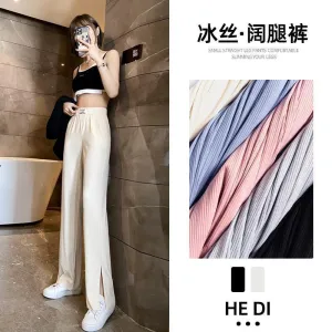 Pants Women Ice Silk Wide Leg High Waist Drape Loose Slim Look Summer Thin Black Splitted Casual Straight Floor Length Pants