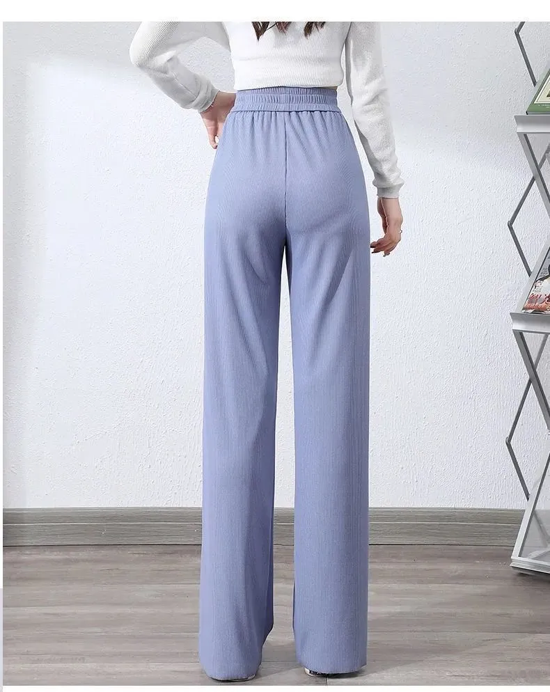 Pants Women Ice Silk Wide Leg High Waist Drape Loose Slim Look Summer Thin Black Splitted Casual Straight Floor Length Pants