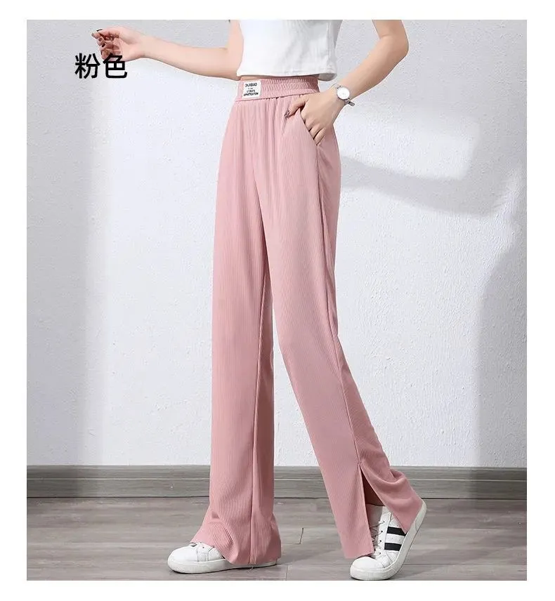 Pants Women Ice Silk Wide Leg High Waist Drape Loose Slim Look Summer Thin Black Splitted Casual Straight Floor Length Pants